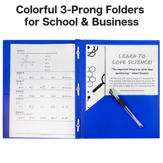 Blue 3-Prong Plastic Folders with Pockets, 3 Prong Folders with Labels, 2-Pocket School Folders with Prongs