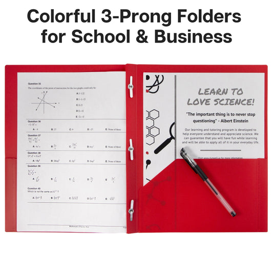 Red 3-Prong Plastic Folders with Pockets, 3 Prong Folders with Labels, 2-Pocket School Folders with Prongs